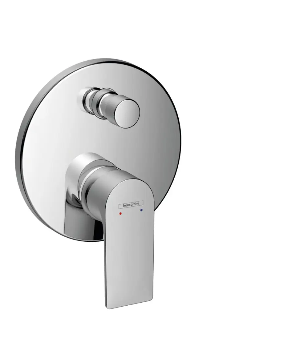 Einhebel-Wannenmischer mit runder Grundplatte und Hebel für Warm- und Kaltwasserregelung. Oberfläche in Chrom. Design von Hansgrohe für Unterputzmontage.